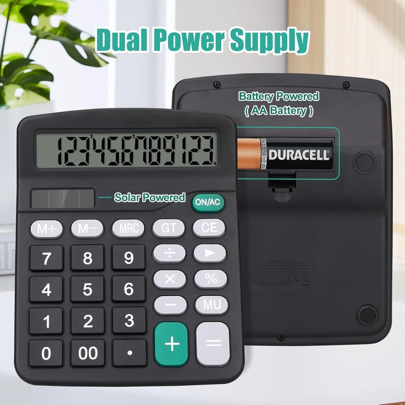 HUTUDD Desktop Calculator, Black Calculator Big Buttons, 12-Digits Large LCD Display, Solar and AA Battery Dual Power, Desk Calculators for Office Home School Business Class (Black) - Image 2